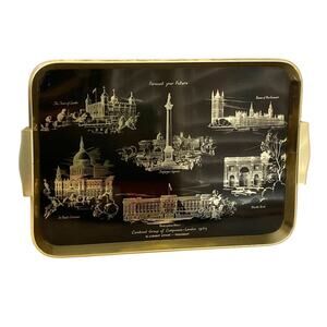 Vintage Woodmet England Metal Serving Tray London Scenes 1965 Black Gold Barware